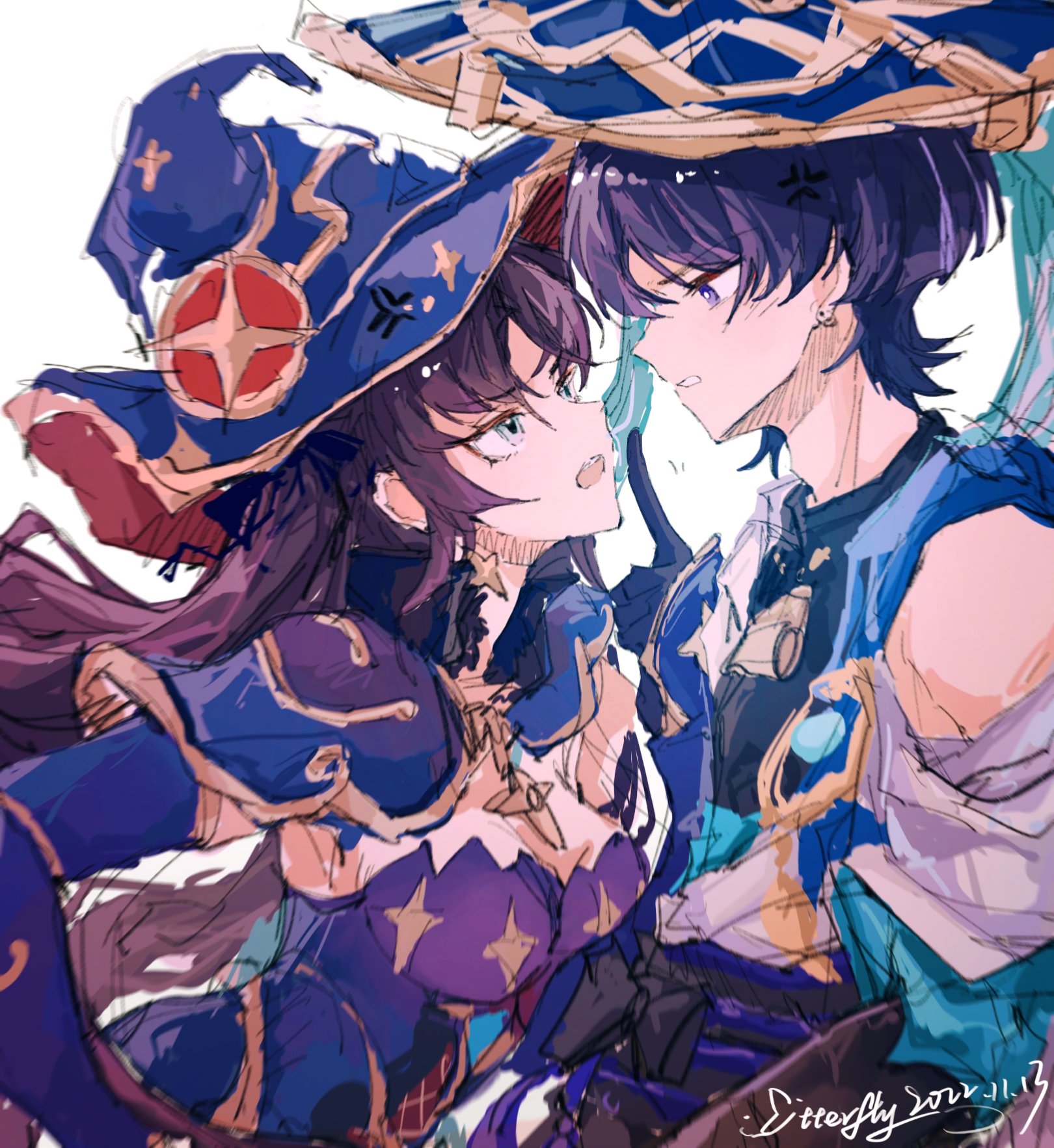 mitterfly, mona (genshin impact), mona (pact of stars and moon) (genshin impact), scaramouche (genshin impact), wanderer (genshin impact), genshin impact, highres, 1boy, 1girl, adam's apple, anger vein, aqua eyes, arm at side, artist name, belt, black belt, black bodysuit, black bow, black bridal gauntlets, black gloves, blue gemstone, blue hat, blue kimono, blue sleeves, blunt ends, bodysuit, bow, breast press, breasts, bridal gauntlets, bright pupils, cleavage, dated, detached sleeves, earrings, eyelashes, eyeliner, eyeshadow, fur collar, gem, gloves, gold, gold trim, hand on own hip, hat, hat ornament, index finger raised, japanese clothes, jewelry, jingasa, juban, kimono, layered sleeves, leaning forward, leotard, long hair, looking at another, makeup, medium breasts, open clothes, open kimono, open mouth, parted bangs, pointing, pointing up, purple eyes, purple hair, purple leotard, purple sash, red eyeliner, red eyeshadow, red hat, sash, short sleeves, sidelocks, single bare shoulder, sketch, star (symbol), star earrings, star hat ornament, star print, teeth, tsurime, turtleneck, turtleneck bodysuit, twintails, two-sided fabric, two-sided headwear, upper teeth only, vision (genshin impact), white background, white mouth, white pupils, white sleeves, witch hat