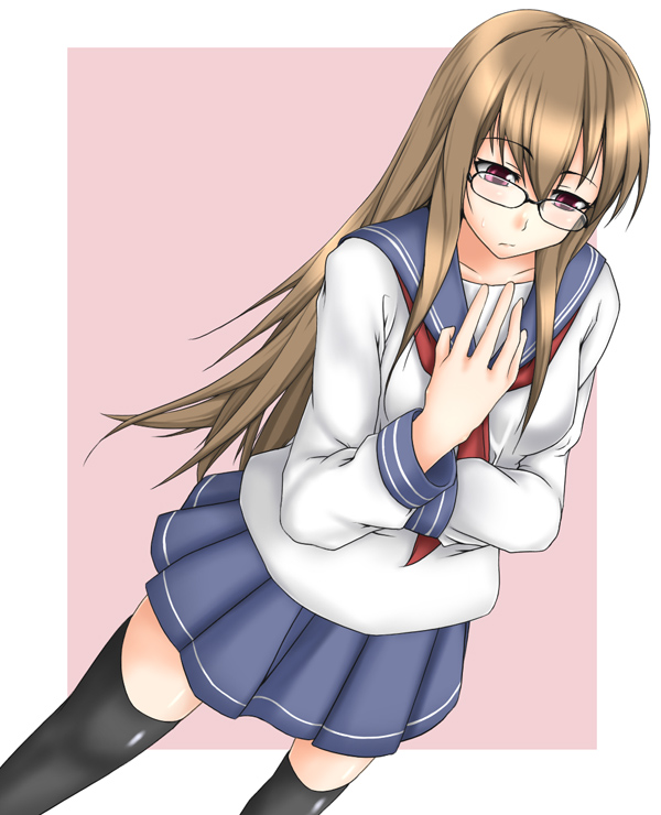 mitsuki (pixiv11671), mitsuki (toriaezu), original, brown hair, glasses, long hair, red eyes, school uniform, serafuku, skirt, solo, thighhighs