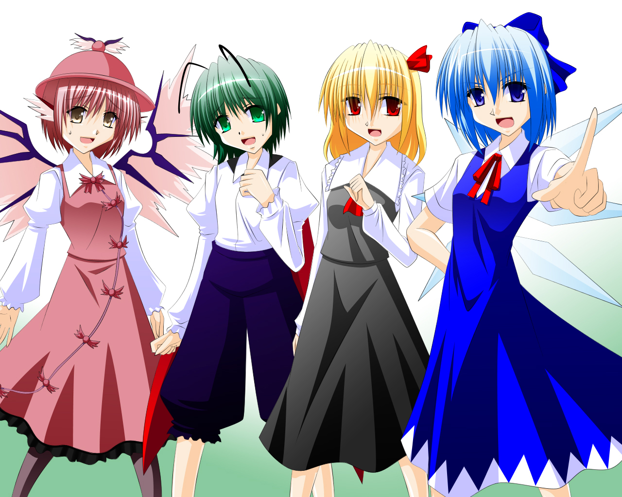 engo (aquawatery), engo (pixiv), cirno, mystia lorelei, rumia, wriggle nightbug, touhou, 4girls, antennae, blonde hair, blue eyes, blue hair, bow, female focus, gradient background, green eyes, green hair, hair ribbon, multiple girls, pantyhose, pink eyes, red eyes, ribbon, team 9 (touhou), wings