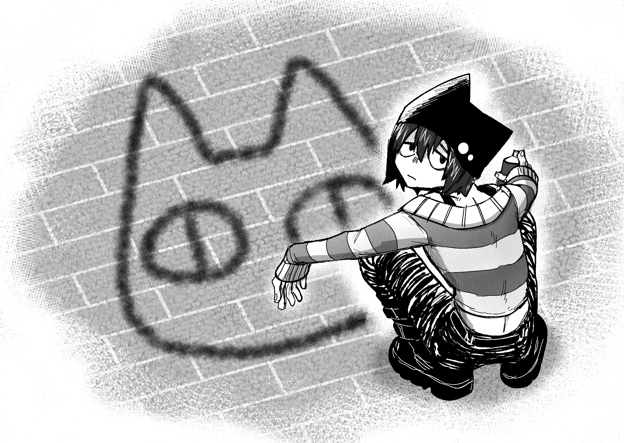 hikagami (june lotus), original, commentary request, highres, 1girl, animal hat, cat hat, full body, graffiti, hat, holding, holding spray can, looking at viewer, looking back, outdoors, short hair, sleeves past wrists, solo, spray can, squatting, striped clothes, striped sweater, sweater