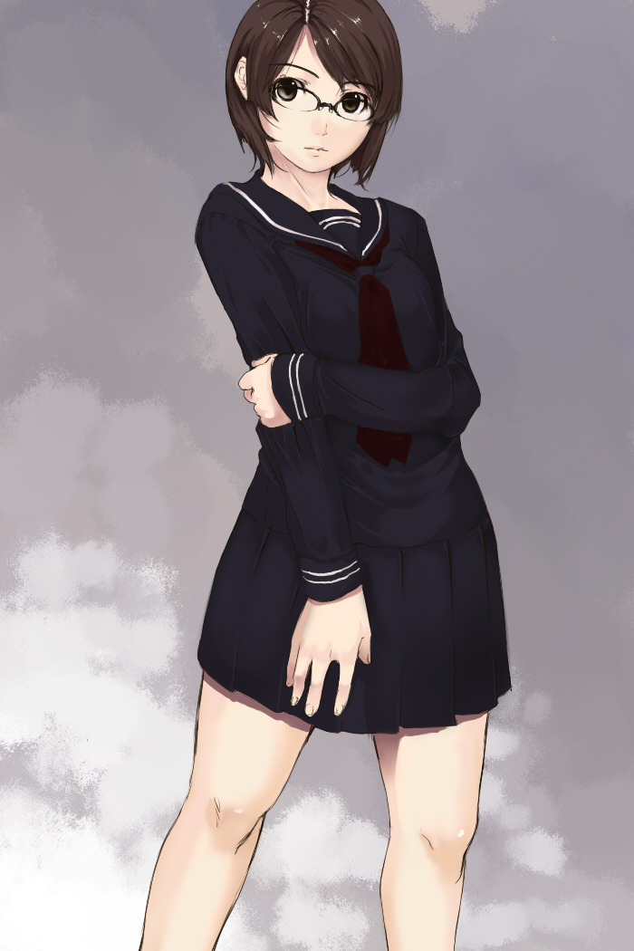 kagematsuri, original, bad id, bad pixiv id, 1girl, asymmetrical bangs, brown eyes, brown hair, female focus, glasses, grey background, hand on own elbow, necktie, round eyewear, school uniform, skirt, solo