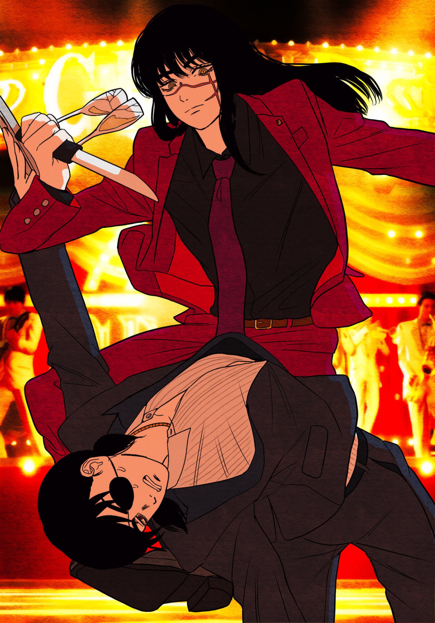 cdtxufre, majima goro, mitaka asa, nishitani homare, yoru (chainsaw man), chainsaw man, ryuu ga gotoku (series), ryuu ga gotoku 0, highres, 2girls, black hair, black jacket, black pants, black shirt, breasts, cabaret, collared shirt, cosplay, cross scar, eyepatch, facial scar, formal clothes, fujimoto tatsuki (style), game screenshot inset, holding, jacket, jewelry, long hair, looking at viewer, low twintails, majima goro (cosplay), multiple girls, necktie, nishitani homare (cosplay), one-eyed, open clothes, pants, pinstripe pattern, pinstripe suit, ponytail, purple necktie, red eyes, red jacket, red suit, ringed eyes, scar, scar on cheek, scar on face, scar on nose, shirt, suit, twintails, weapon, yakuza