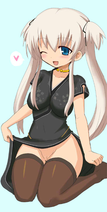 okayu gochou, nao (mabinogi), mabinogi, bad id, bad pixiv id, 1girl, blonde hair, blue eyes, china dress, chinese clothes, dress, female focus, no panties, one eye closed, pussy, solo, thighhighs, twintails, uncensored, wink