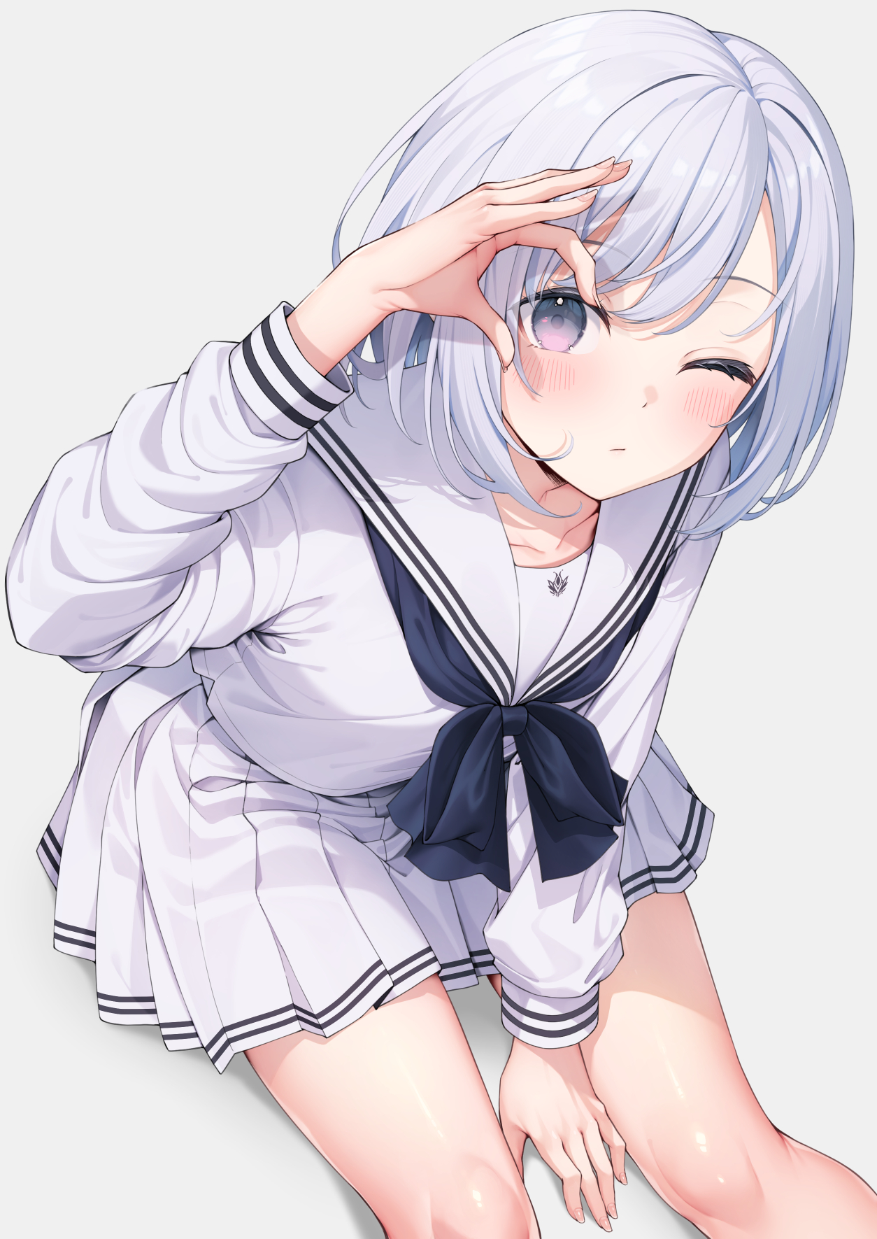 yuuri nayuta, original, highres, 1girl, between legs, black neckerchief, blush, closed mouth, collarbone, grey background, grey hair, hand between legs, long sleeves, looking at viewer, neckerchief, ok sign, one eye closed, pleated skirt, purple eyes, sailor collar, school uniform, serafuku, shirt, short hair, simple background, sitting, skirt, solo, white hair, white sailor collar, white serafuku, white shirt, white skirt