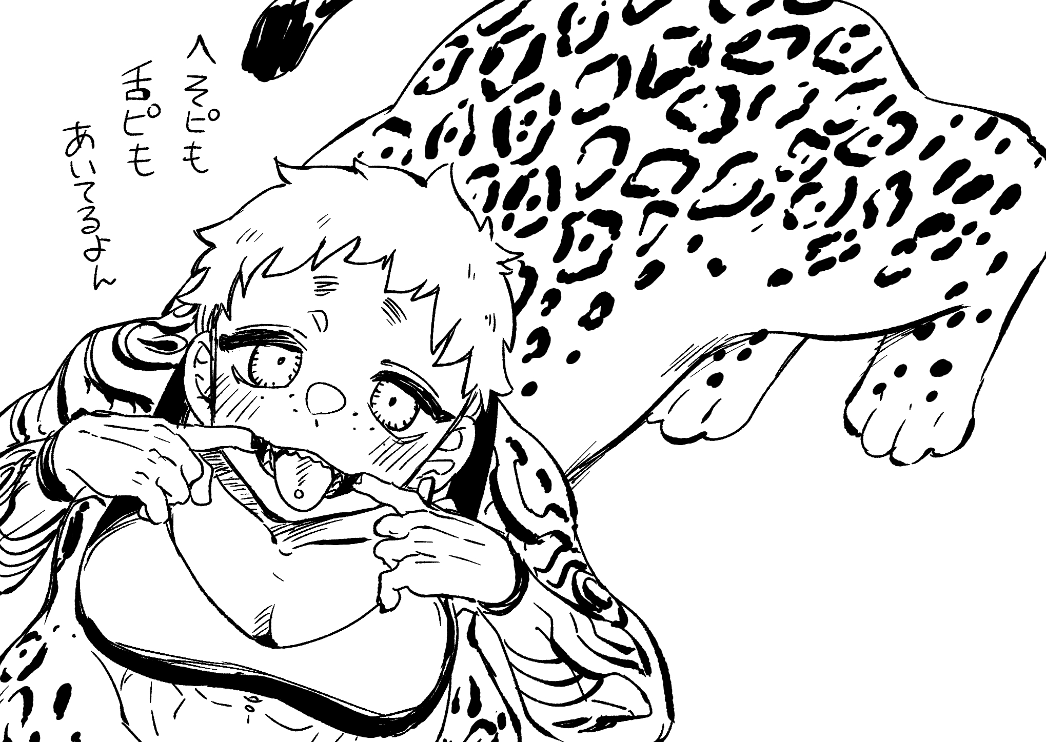 hikagami (june lotus), original, commentary request, highres, translation request, 1girl, abs, arm tattoo, centauroid, ear piercing, finger in own mouth, freckles, from above, greyscale, jaguar girl, looking at viewer, monochrome, monster girl, mouth pull, navel piercing, piercing, sharp teeth, short hair, simple background, sitting, solo, sports bra, tattoo, taur, teeth, toned, toned female, tongue, tongue out, tongue piercing, very short hair, white background