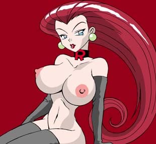 jessie (pokemon), nintendo, pokemon, lowres, 1girl, breasts, collar, curvy, detached sleeves, earrings, female focus, gloves, huge breasts, jewelry, lipstick, long hair, makeup, naughty face, nipples, nude, red hair, simple background, solo, team rocket, thighhighs, very long hair