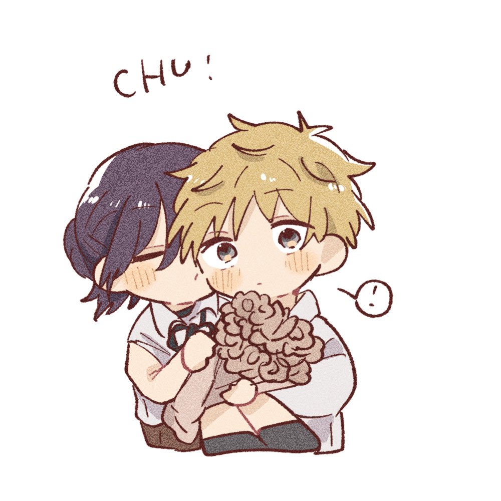 denji (chainsaw man), reze (chainsaw man), chainsaw man, commentary request, !, 1boy, 1girl, black hair, blonde hair, blue eyes, blush, bouquet, chibi, closed eyes, closed mouth, collared shirt, english text, flower, hetero, kiss, kissing cheek, looking at viewer, popo (suo hayato), shirt, short hair, simple background, sleeveless, sleeveless shirt, speech bubble, spoken exclamation mark, thought bubble, white background, white shirt, yellow eyes