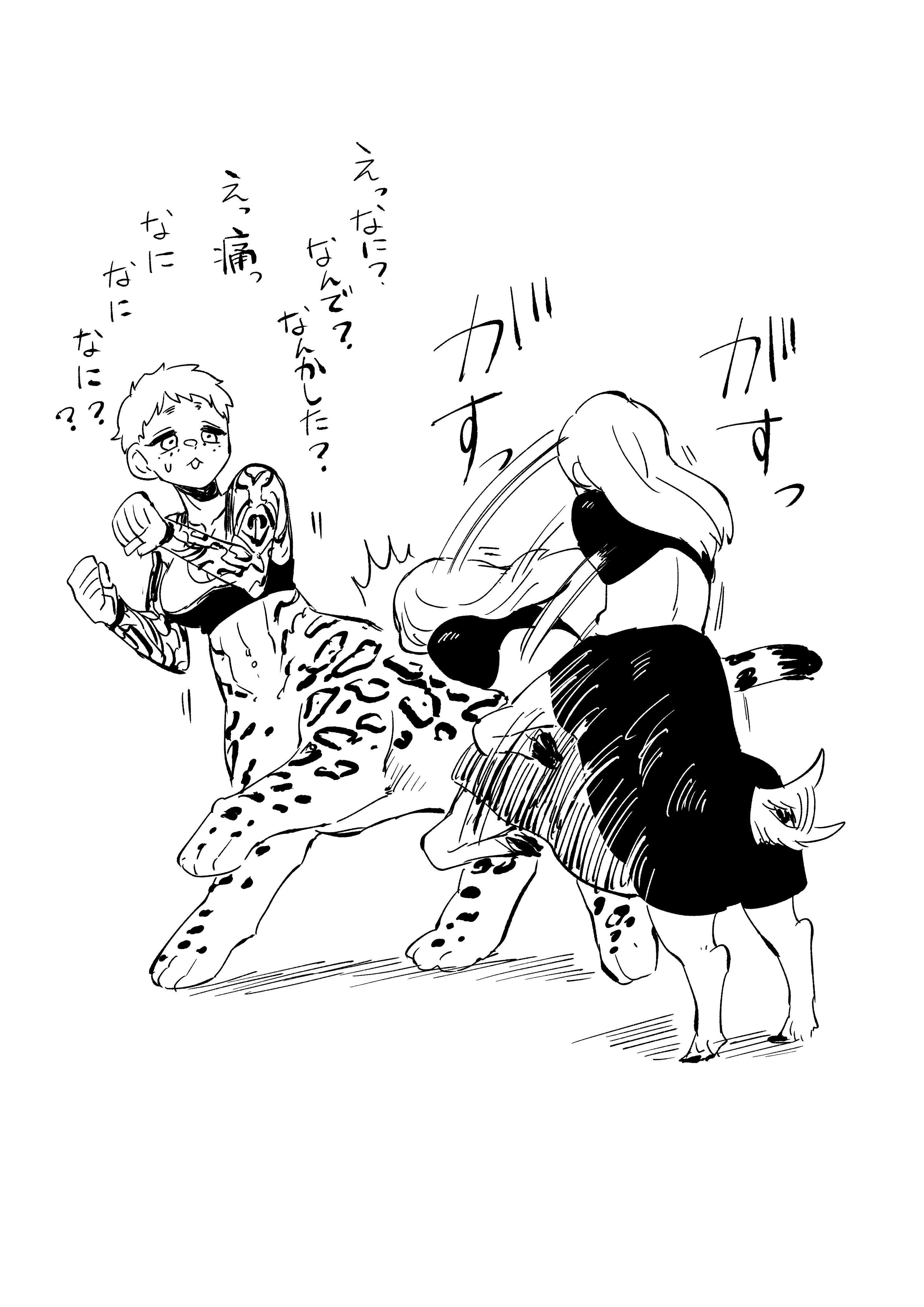 hikagami (june lotus), original, absurdres, commentary request, highres, translation request, 2girls, amputee, arm tattoo, centauroid, double amputee, freckles, goat girl, greyscale, jaguar girl, monochrome, monster girl, multiple girls, simple background, skirt, sports bra, tail, tail wagging, tattoo, taur, toned, toned female, white background