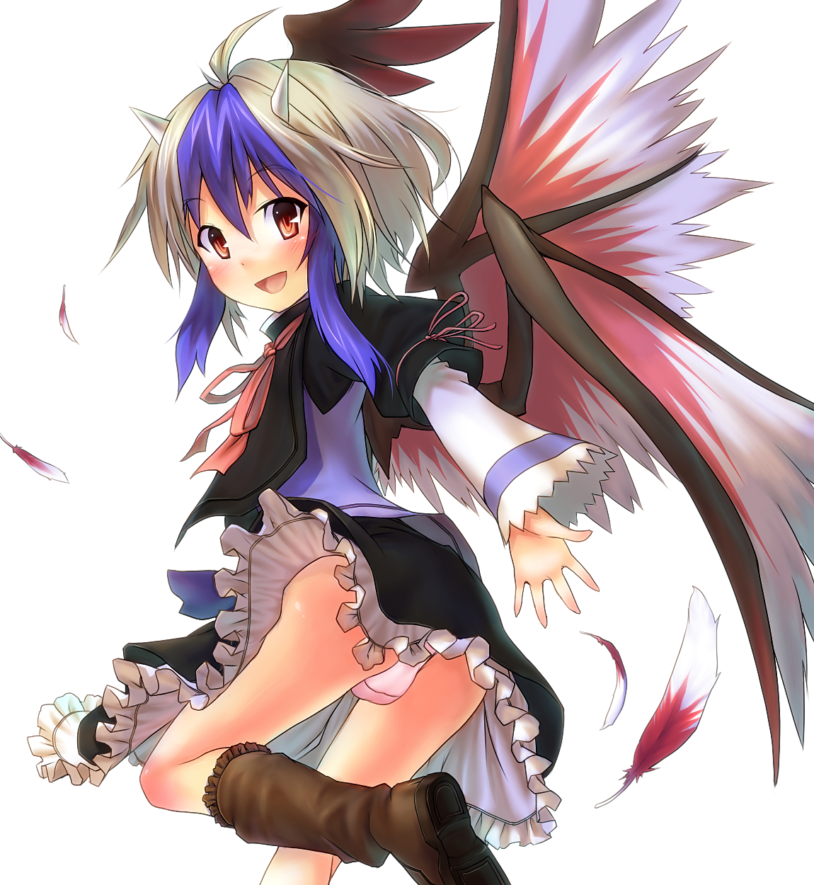 eho (icbm), kaiho, tokiko (touhou), curiosities of lotus asia, touhou, bad id, bad pixiv id, highres, 1girl, ahoge, blush, boots, clothes lift, dress, dress lift, feathers, female focus, head wings, horns, multicolored hair, panties, pantyshot, pink panties, red eyes, solo, underwear, wings