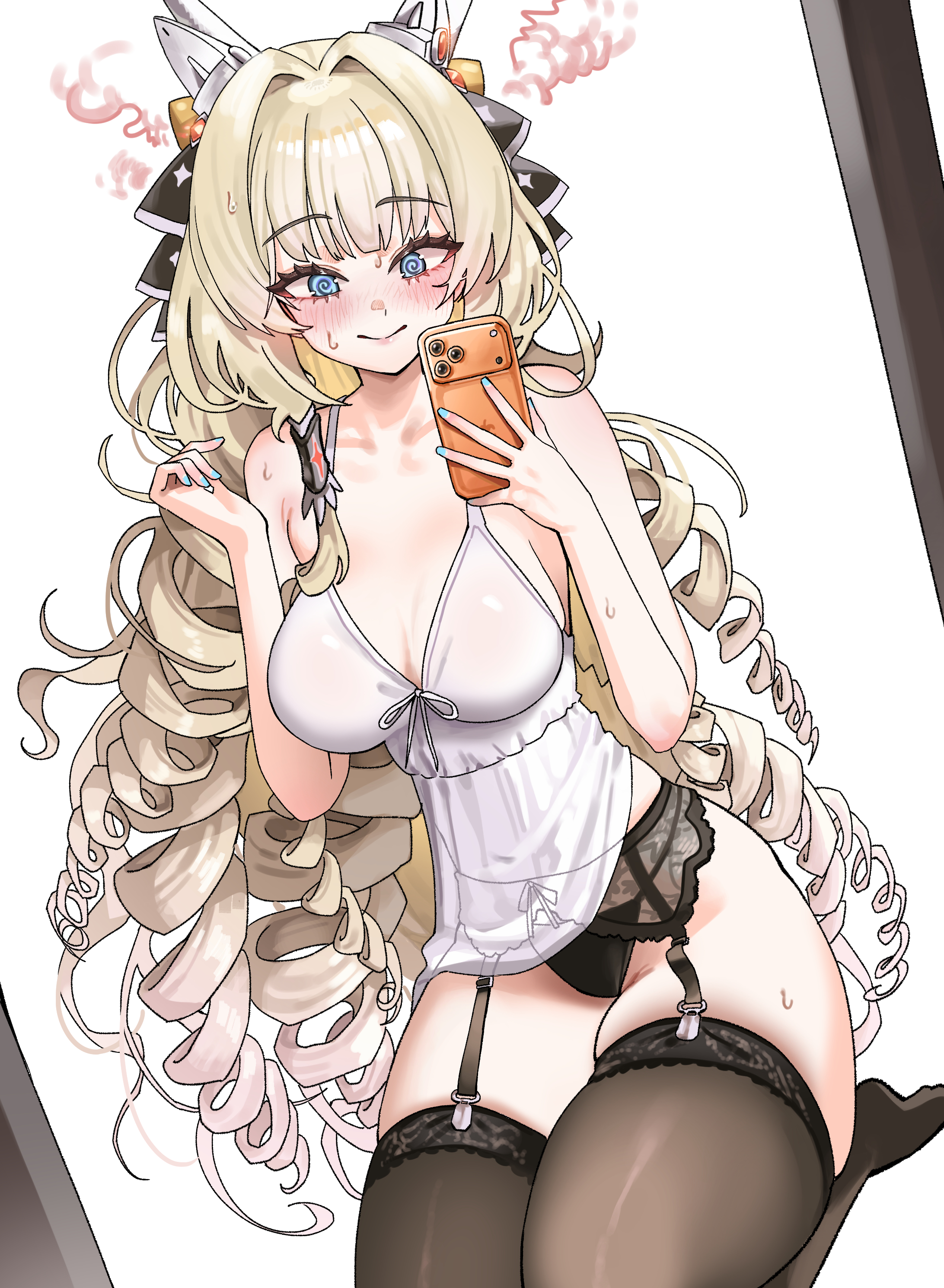 crown (nikke), goddess of victory: nikke, absurdres, highres, 1girl, @ @, alternate costume, babydoll, black panties, black thighhighs, blonde hair, blue eyes, blush, breasts, drill hair, freeman (tkuh4475), garter belt, holding, holding phone, large breasts, long hair, looking at phone, panties, phone, seiza, sitting, skindentation, solo, thighhighs, thighs, too many drills, underwear, very long hair, white babydoll