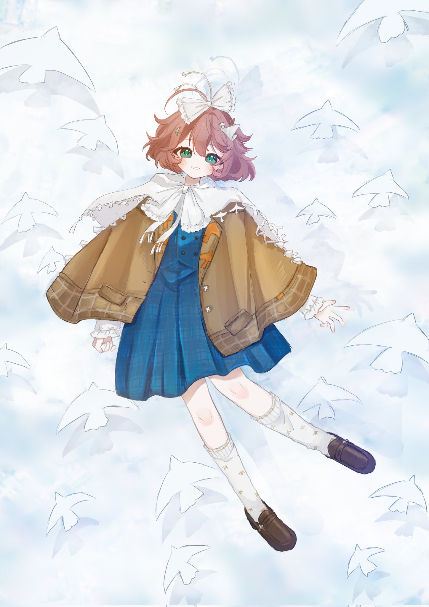 flutterpage, reverse:1999, highres, 1girl, ahoge, bird hair ornament, blue eyes, blue skirt, blue vest, bow, brown cloak, brown hair, brown shoes, cape, cloak, full body, grin, hair bow, hair ornament, kneehighs, loafers, looking at viewer, origami, paper crane, senkichi (sen kchi), shoes, short hair, simple bird, skirt, smile, socks, solo, vest, white background, white bow, white cape, white socks