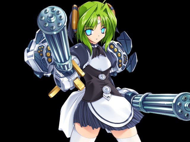 onigirikun, kouenji madoka, choukou (alicesoft), choukou tenshi escalayer, game cg, 00s, 1girl, android, female focus, flat chest, gatling gun, glowing, glowing eyes, green hair, gun, maid, robot, simple background, solo, thighhighs, weapon