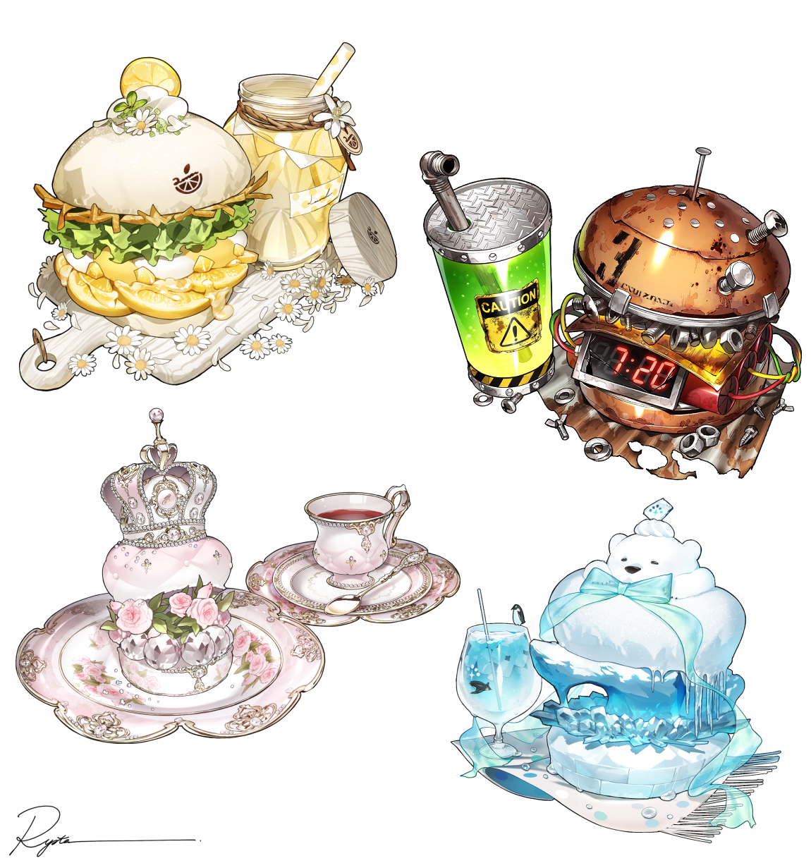 ryota (ry o ta), original, commentary, highres, symbol-only commentary, bear, blue bow, bolt (hardware), bomb, bow, burger, caution, crown, cup, cutting board, drink, drinking glass, drinking straw, dynamite, explosive, flower, food, food focus, ice, ice cube, icicle, lead pipe, nail (hardware), no humans, nut (hardware), plate, polar bear, red flower, red rose, rose, rust, saucer, screw, sign, spoon, teacup, time bomb, warning sign, white background, white flower