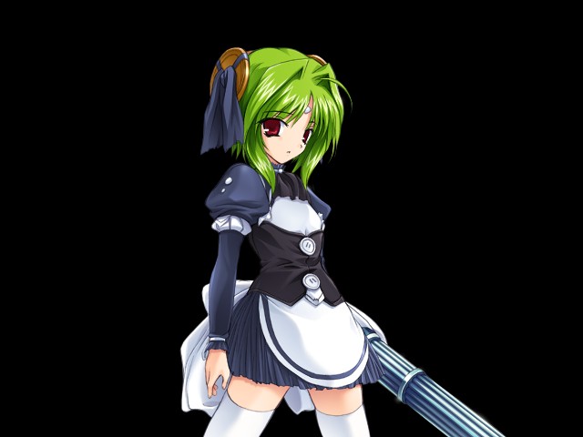 onigirikun, kouenji madoka, choukou (alicesoft), choukou tenshi escalayer, game cg, 00s, 1girl, female focus, flat chest, green hair, gun, maid, red eyes, solo, thighhighs, weapon