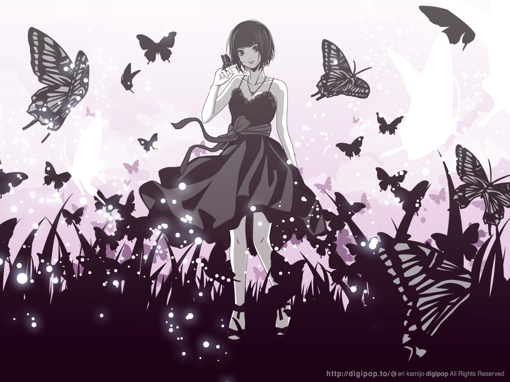 eri kamijo, 1girl, black eyes, black hair, bug, butterfly, dress, female focus, insect, jewelry, monochrome, necklace, purple theme, solo, watermark, web address