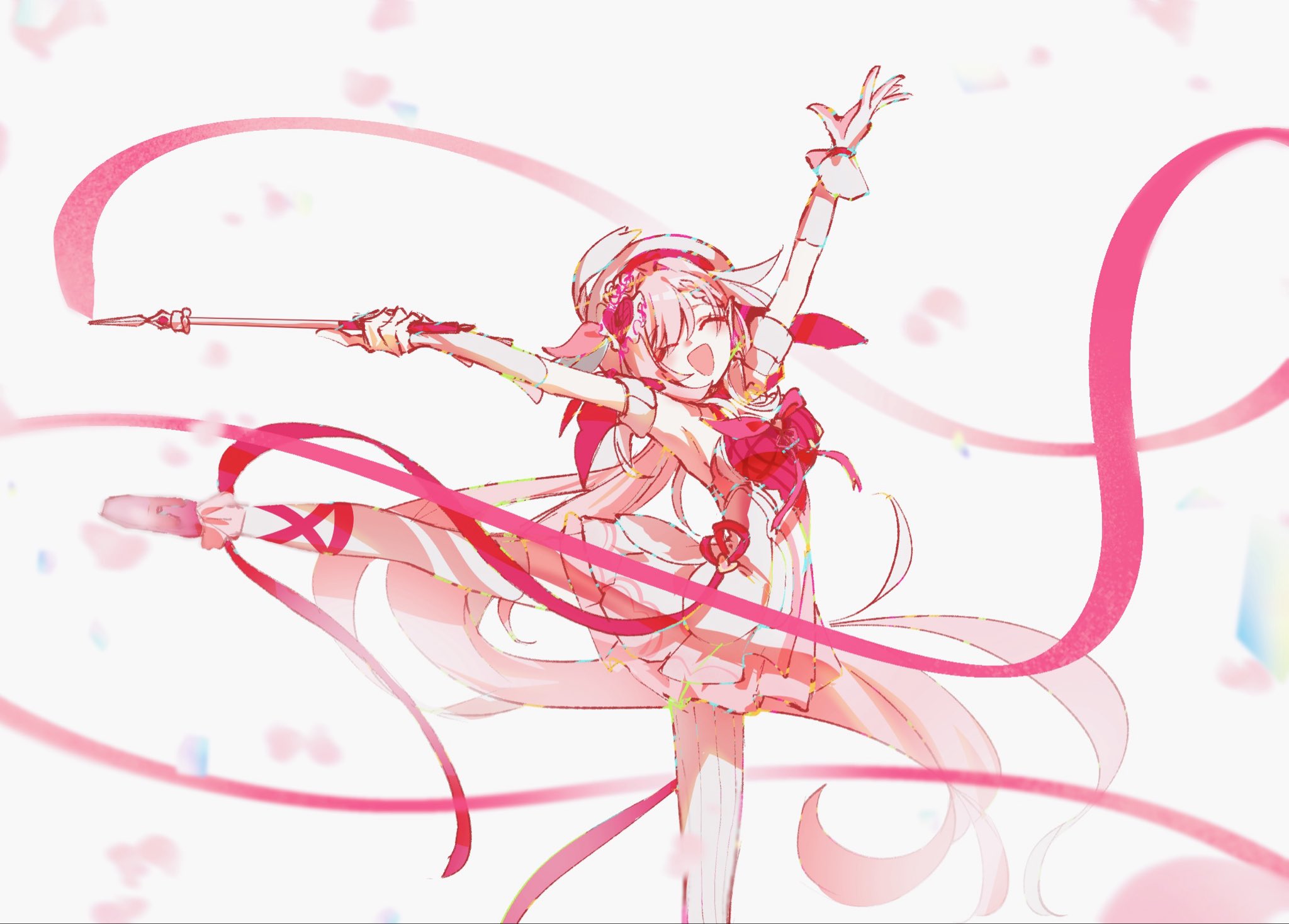 mi (27782900), elysia (hi love elf) (honkai impact), elysia (honkai impact), honkai (series), honkai impact 3rd, commentary, english commentary, highres, 1girl, beret, breasts, dress, elf, hat, holding, large breasts, long hair, pink hair, pointy ears, red dress, red ribbon, ribbon, smile, solo, standing, standing on one leg, thighhighs, two-tone dress, very long hair, white background, white dress, white thighhighs