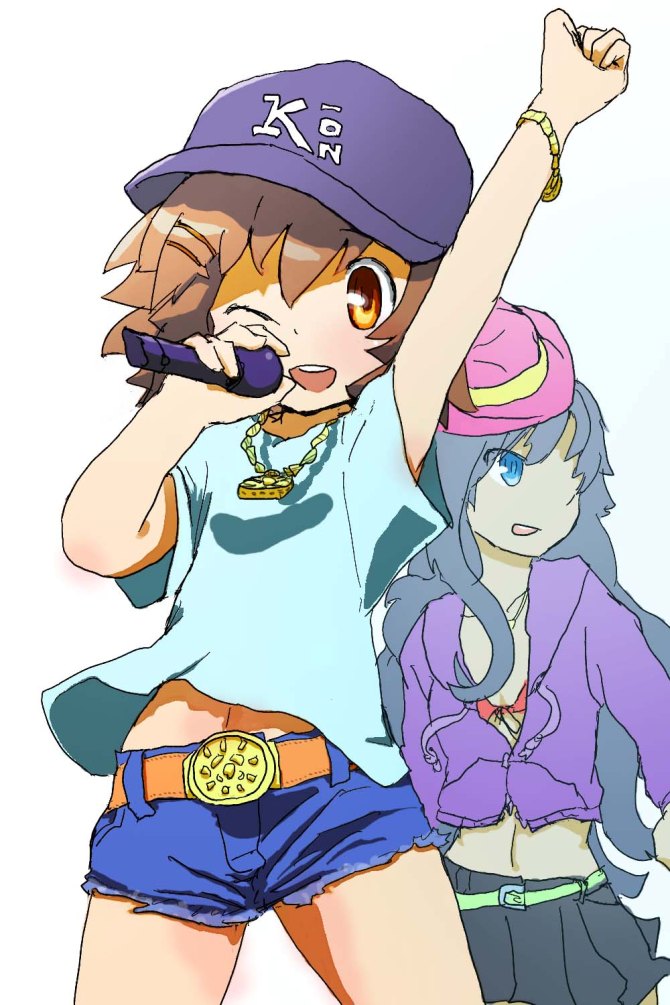 kamiyama kenta, akiyama mio, hirasawa yui, k-on!, bad id, bad pixiv id, 00s, 2girls, baseball cap, belt, blue eyes, blue hair, brown eyes, brown hair, denim, denim shorts, hat, jewelry, long hair, microphone, multiple girls, necklace, shirt, short hair, short shorts, shorts, skirt, t-shirt, watch, wristwatch