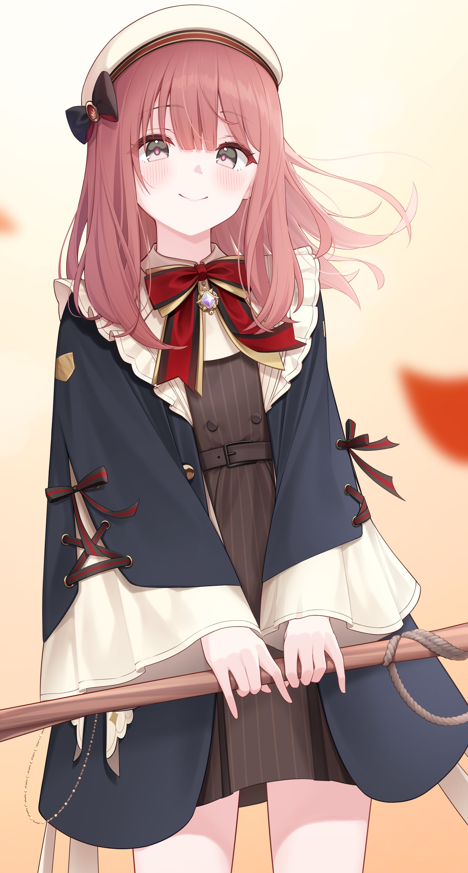 puni (yuuki-0215), amayui moka, vspo!, absurdres, highres, 1girl, belt, bow, bowtie, brooch, broom, brown dress, coat, dress, head out of frame, holding, holding broom, jewelry, long hair, long sleeves, petals, pink hair, red bow, solo, striped clothes, striped dress