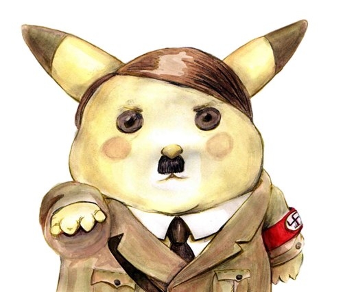 ichiko (vein), adolf hitler, pikachu, nintendo, pokemon, real life, lowres, armband, clothed pokemon, cosplay, costume, crossover, facial hair, fusion, gen 1 pokemon, mustache, nazi, necktie, no humans, parody, pokemon (creature), real life insert, salute, simple background, solo, straight-arm salute, swastika, toothbrush mustache, what, white background