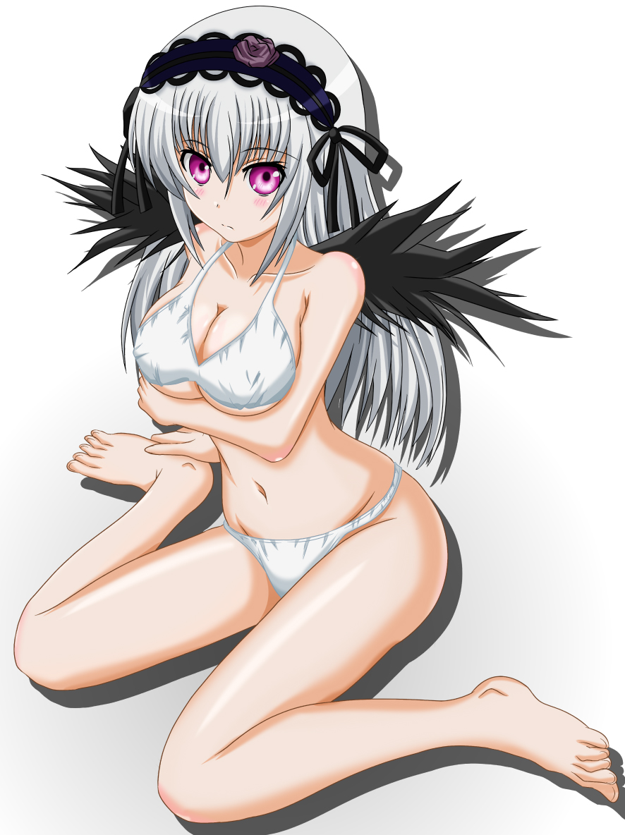 takumi (rozen garten), suigintou, rozen maiden, breast hold, silver hair, 00s, 1girl, alternate breast size (larger), barefoot, bikini, breasts, cleavage, feet, female focus, hairband, large breasts, long hair, navel, purple eyes, sitting, solo, swimsuit, underboob, wariza, white bikini, wings