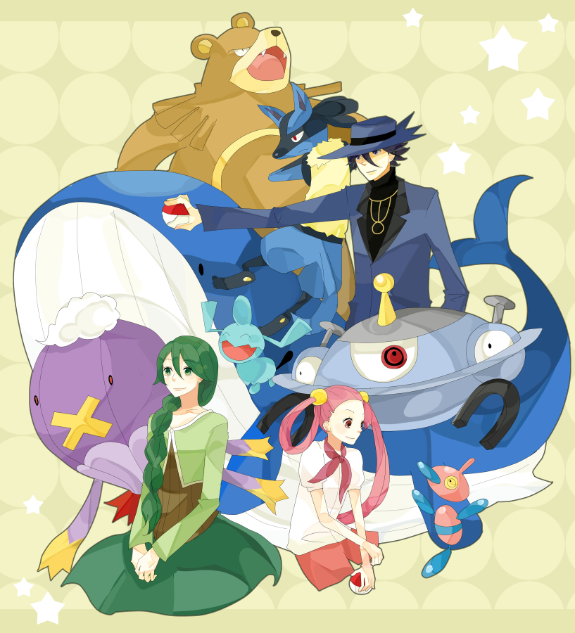 shikanaka, cheryl (pokemon), drifblim, lucario, magnezone, mira (pokemon), porygon-z, riley (pokemon), ursaring, wailord, wynaut, nintendo, pokemon, bad id, bad pixiv id, 00s, 1boy, 2girls, blue beak, gen 2 pokemon, gen 3 pokemon, gen 4 pokemon, green eyes, green hair, hair over shoulder, hat, holding, holding poke ball, multiple girls, poke ball, poke ball (basic), pokemon (creature), red eyes, yellow eyes