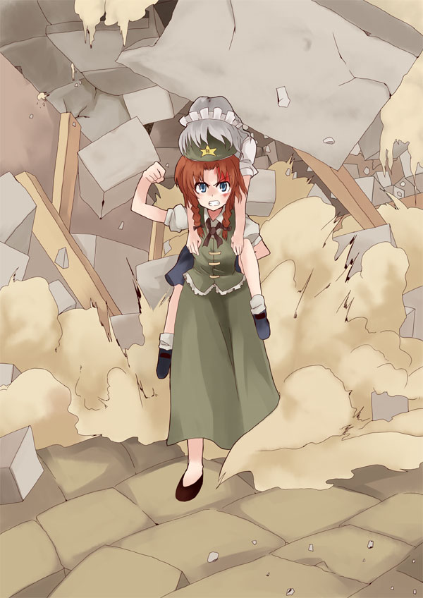 mieharu, hong meiling, izayoi sakuya, embodiment of scarlet devil, touhou, silver hair, 2girls, angry, blood, blue eyes, braid, female focus, hairband, maid, multiple girls, red hair, skirt, twin braids