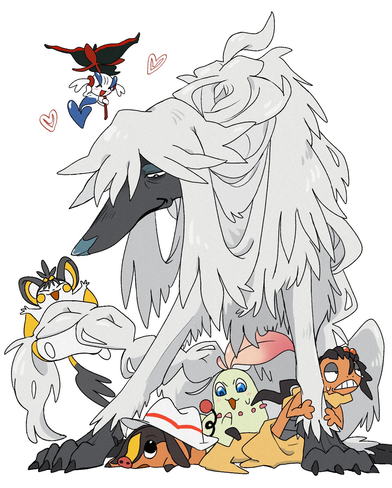 mellowmellow666, chikorita, emolga, floette, floette (eternal), furfrou, scrafty, tepig, nintendo, pokemon, pokemon legends: z-a, highres, 2boys, 3girls, ^ ^, animalization, black flower, blue eyes, body fur, brown hair, closed eyes, clothed pokemon, dog, flower, gen 2 pokemon, gen 5 pokemon, gen 6 pokemon, half-closed eyes, hat, heart, holding, holding flower, multiple boys, multiple girls, no humans, open mouth, pig, pokemon (creature), pokemon focus, smile, sweatdrop, topknot, white fur, white hat