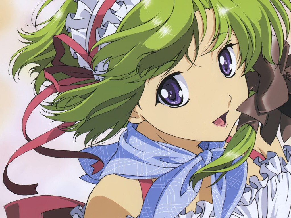 shigure asa, shuffle!, official art, official wallpaper, 00s, blue eyes, from side, green hair, parted bangs, plaid clothes, plaid scarf, purple eyes, ribbon, scarf, short hair, short hair with long locks, solo