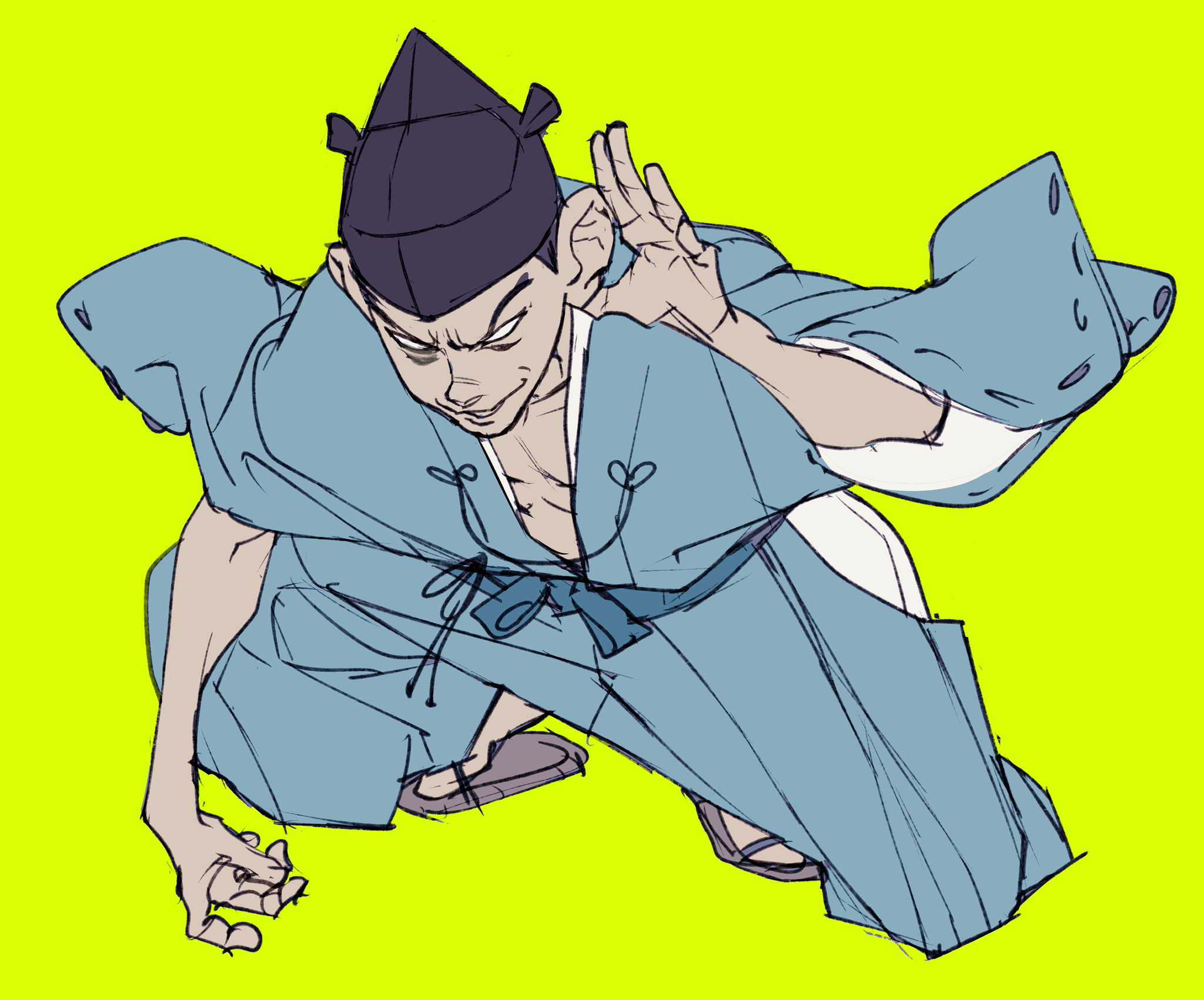 adc mt, nige jouzu no wakagimi, commentary request, highres, 1boy, black hair, blank eyes, blue kimono, cupping ears, full body, green background, grin, hat, ichikawa sukefusa, japanese clothes, kimono, large ears, male focus, sandals, short hair, simple background, smile, solo, squatting, tate eboshi, v-shaped eyebrows, very short hair, wide sleeves, zouri