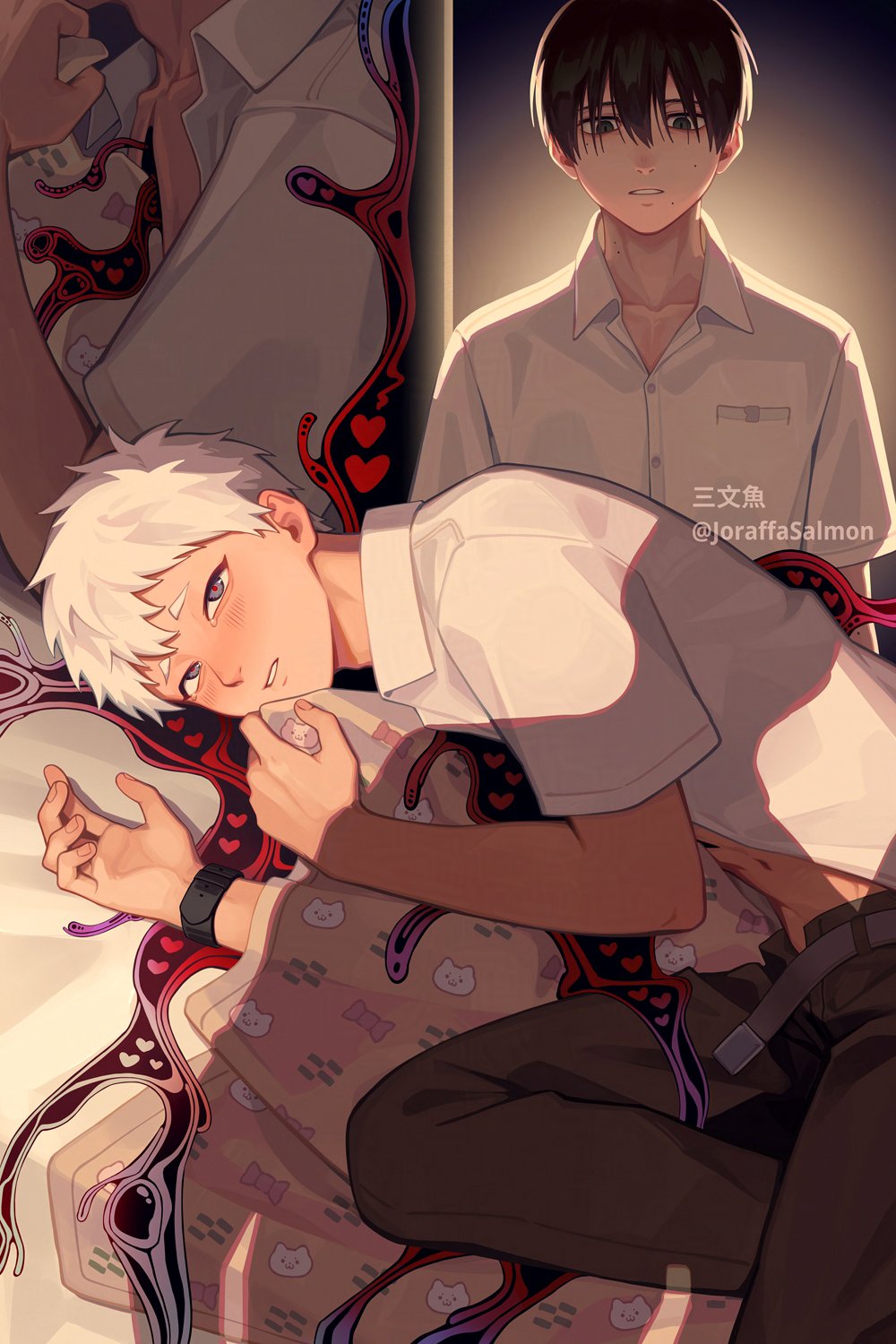 joraffasalmon, indou hikaru, tsujinaka yoshiki, hikaru ga shinda natsu, commentary request, highres, 2boys, artist name, belt, black hair, black pants, blush, buttons, collared shirt, grey belt, heart, implied yaoi, lying, male focus, mole, mole on cheek, mole on neck, mole under eye, mole under mouth, multiple boys, multiple moles, navel, on side, open clothes, open fly, open shirt, pants, parted lips, pocket, red pupils, shadow, shirt, short hair, short sleeves, slit pupils, teeth, twitter username, watch, white hair, white shirt, wristwatch