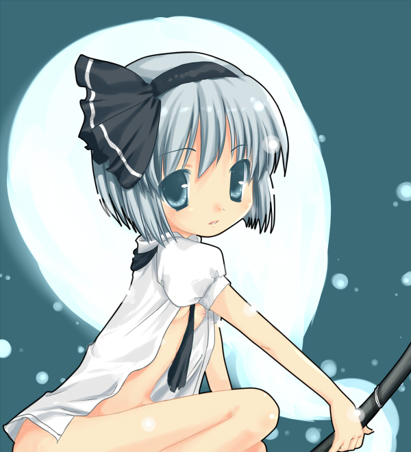 nanatsuki isuka, nanatsuki itsuka, konpaku youmu, konpaku youmu (ghost), touhou, silver hair, 1girl, bottomless, breasts, female focus, flat chest, hitodama, katana, loli, naked shirt, nipples, open clothes, open shirt, ribbon, shirt, solo, sword, weapon