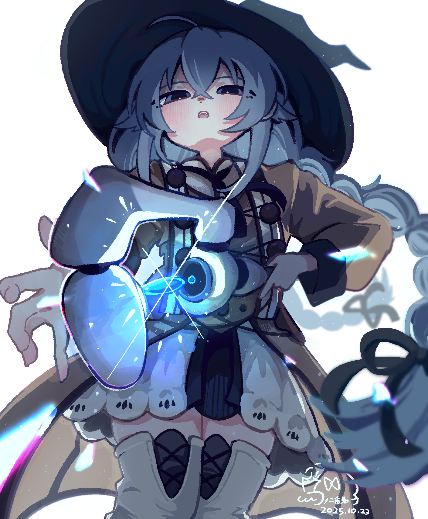 roxy migurdia, mushoku tensei, highres, 1girl, ahoge, black bow, blue hair, boots, bow, braid, casting spell, coat, from below, hair between eyes, hat, looking at viewer, mage staff, open hand, open mouth, outstretched arm, staff, thigh boots, thighhighs, tori2 desi, twin braids, white background, witch hat, zettai ryouiki