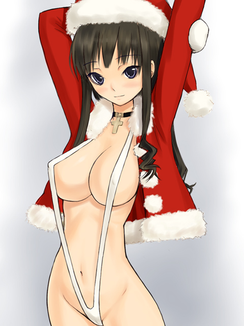 morozou, ayatsuji tsukasa, morishima haruka, amagami, 1girl, bikini, breasts, brown hair, christmas, cleavage, female focus, long hair, purple eyes, santa costume, slingshot swimsuit, smile, solo, swimsuit