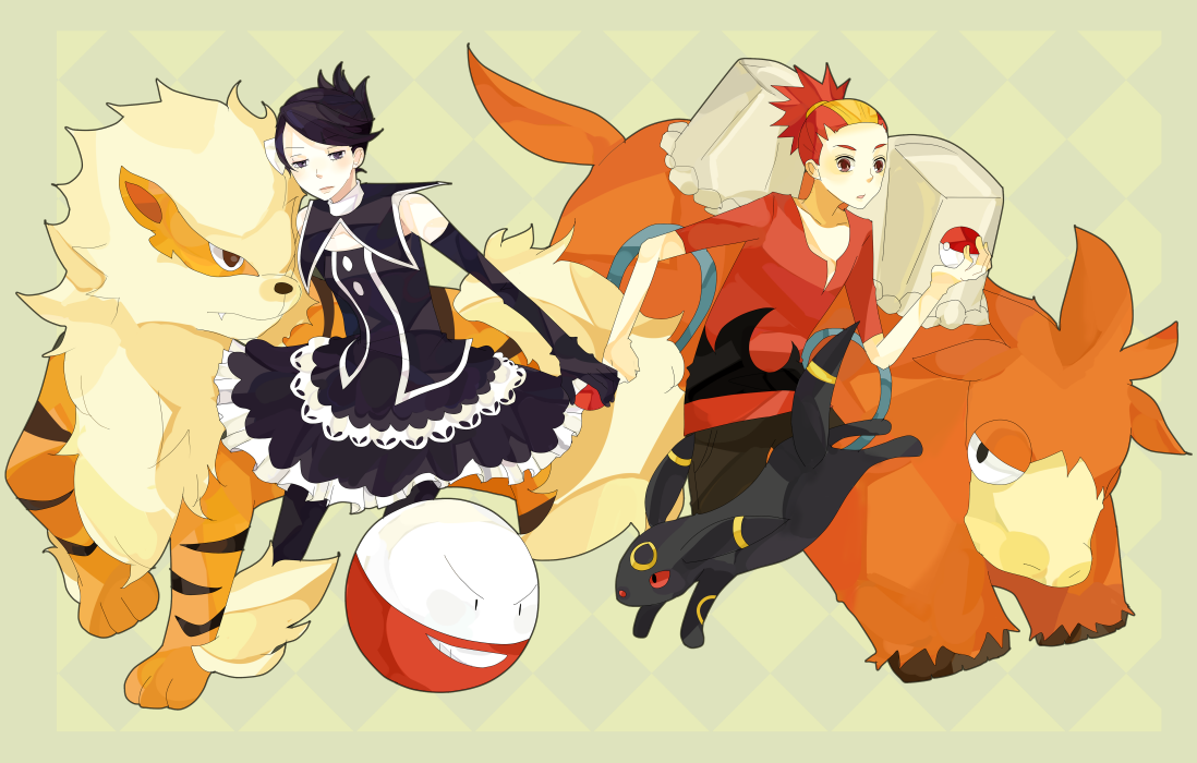 shikanaka, arcanine, buck (pokemon), camerupt, electrode (pokemon), marley (pokemon), umbreon, nintendo, pokemon, pokemon dppt, bad id, bad pixiv id, 00s, 2girls, gen 1 pokemon, gen 2 pokemon, gen 3 pokemon, holding, holding poke ball, multiple girls, pantyhose, poke ball, poke ball (basic), pokemon (creature)