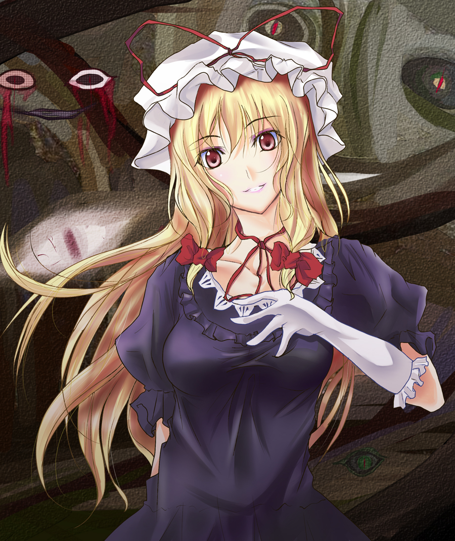 oimari, yakumo yukari, touhou, 1girl, blonde hair, breasts, dress, elbow gloves, female focus, gap (touhou), gloves, hat, ribbon, solo