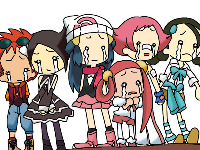 sayaka furansowa, candice (pokemon), dawn (pokemon), marley (pokemon), maylene (pokemon), mira (pokemon), zoey (pokemon), nintendo, ojamajo doremi, pokemon, pokemon (anime), pokemon dppt, pokemon dppt (anime), bad id, bad pixiv id, 6+girls, beanie, black hair, blue hair, boots, chibi, child, crying, crying with eyes open, frown, gym leader, hat, in-franchise crossover, multiple girls, orange hair, pantyhose, parody, pink boots, pink hair, socks, striped clothes, striped socks, tears, white pantyhose