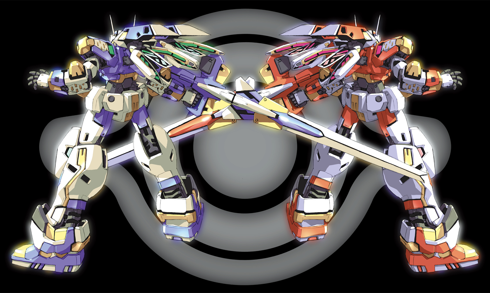magaki ryouta, temjin, sega, virtual on, highres, alternate color, mecha, mirror opposites, polar opposites, robot, sword, symmetry, weapon