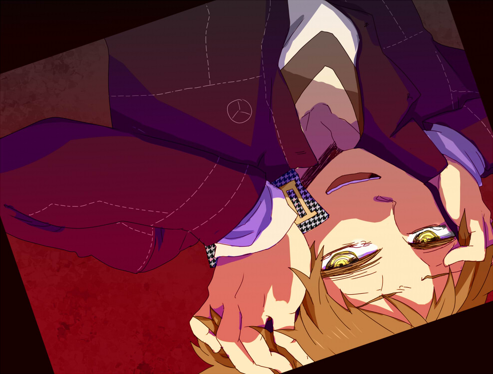 koujou no bihin, hanamura yousuke, shadow (persona), shadow yousuke, atlus, persona, persona 4, bad id, bad pixiv id, 1boy, brown hair, dark persona, evil smile, long sleeves, looking at viewer, male focus, smile, solo, upside-down, yellow eyes