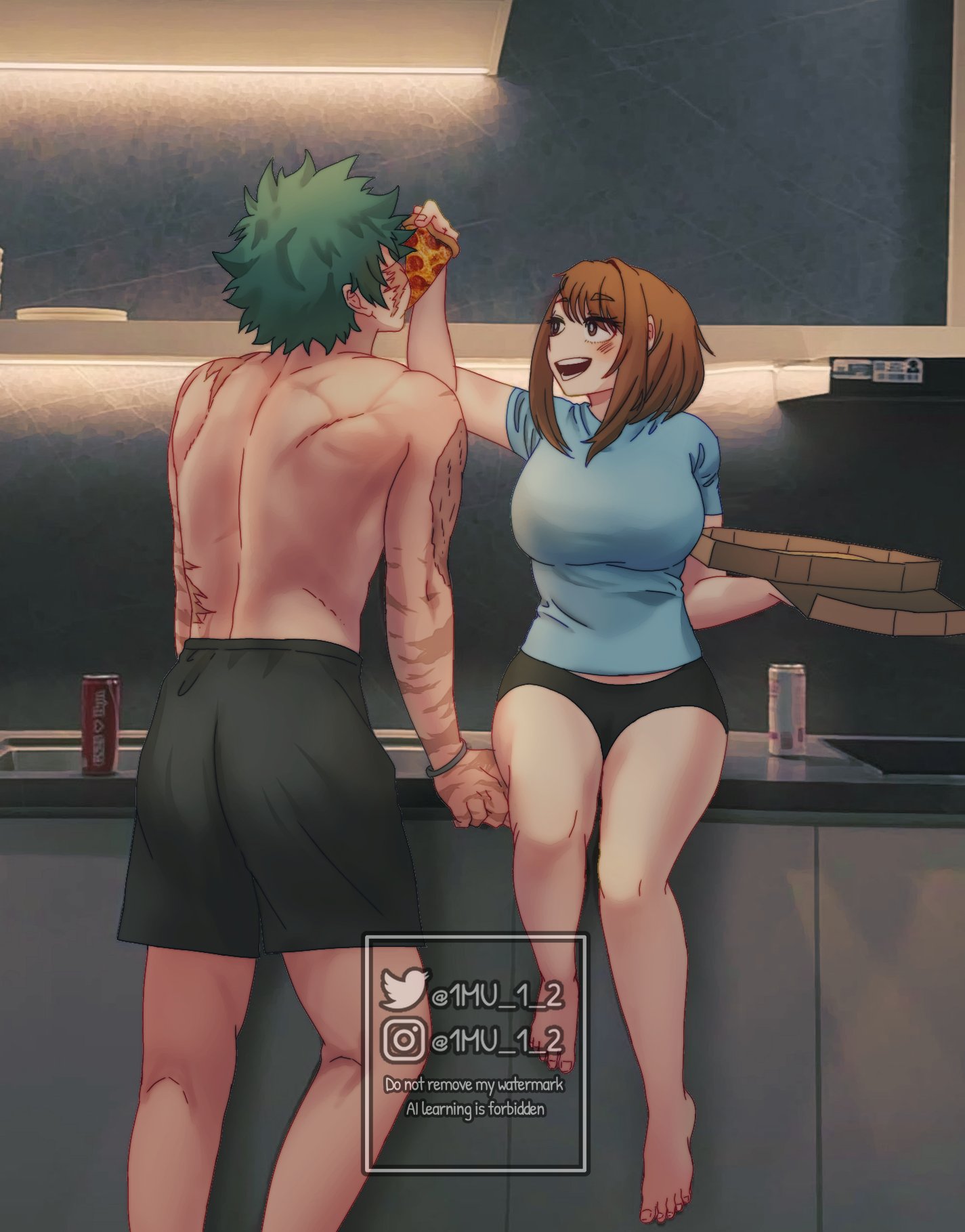 midoriya izuku, uraraka ochako, boku no hero academia, commentary, highres, 1boy, 1girl, 1mu 1 2, :d, alternate costume, barefoot, black shorts, blue shirt, blush, breasts, english text, feeding, food, green hair, holding, holding food, indoors, kitchen, large breasts, open mouth, pizza, scar, scar on arm, shirt, short sleeves, shorts, sitting, smile, watermark