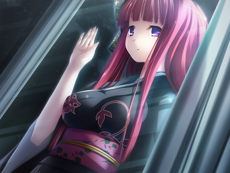 refeia, nanagi akari, devils devel concept, game cg, 1girl, blunt bangs, dutch angle, female focus, hime cut, japanese clothes, kimono, long hair, purple eyes, red hair, solo