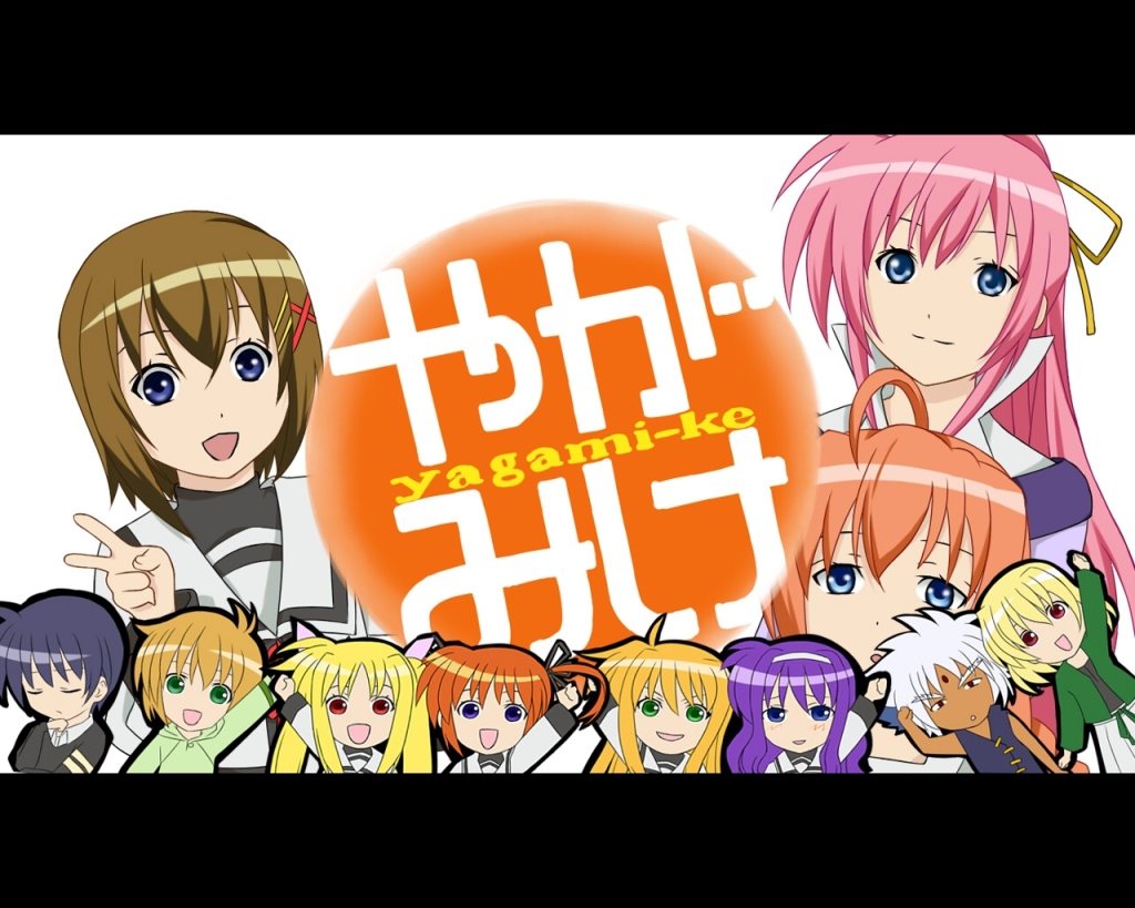arisa bunnings, chrono harlaown, fate testarossa, shamal, signum, takamachi nanoha, tsukimura suzuka, vita (nanoha), yagami hayate, yuuno scrya, zafira, lyrical nanoha, mahou shoujo lyrical nanoha, mahou shoujo lyrical nanoha a's, minami-ke, 3boys, 6+girls, ahoge, blonde hair, blue eyes, blush, chibi, letterboxed, long hair, looking at viewer, multiple boys, multiple girls, parody, pink hair, simple background, sweatdrop, upper body, very long hair, white background