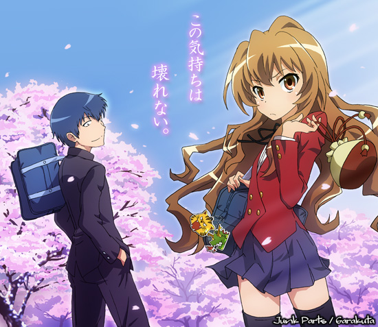 junkparts, aisaka taiga, takasu ryuuji, toradora!, bad id, bad pixiv id, translation request, 00s, bag, blue hair, brown eyes, brown hair, cherry blossoms, long hair, school uniform, short hair, thighhighs