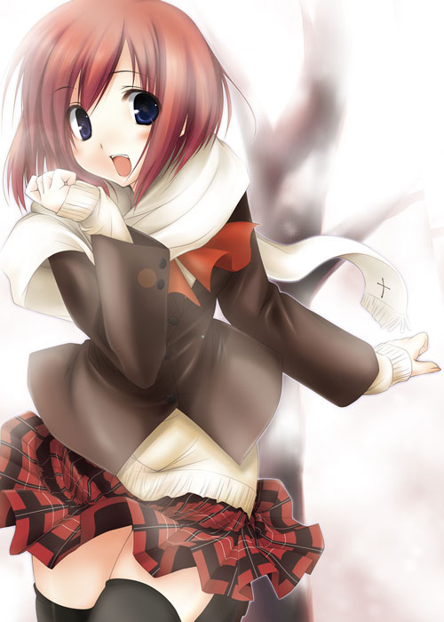 artist request, blazer, blue eyes, blush, brown hair, jacket, plaid clothes, plaid skirt, red hair, scarf, short hair, skirt, solo, sweater, thighhighs, zettai ryouiki