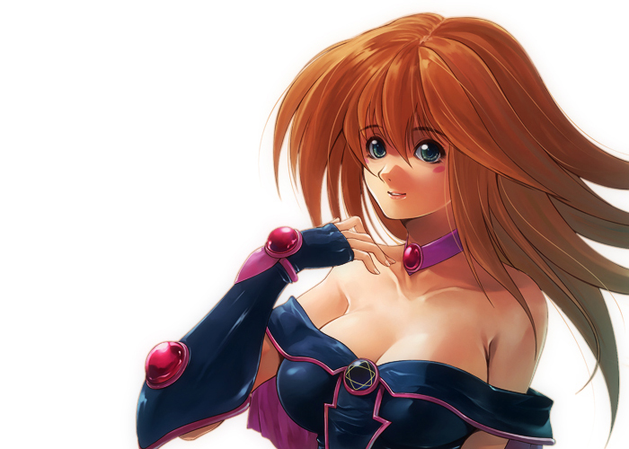 lazward, dark magician girl, yu-gi-oh!, yu-gi-oh! duel monsters, yuu-gi-ou, bad id, bad pixiv id, 1girl, bare shoulders, breasts, brown hair, choker, cleavage, detached sleeves, duel monster, green eyes, long hair, pentacle, smile