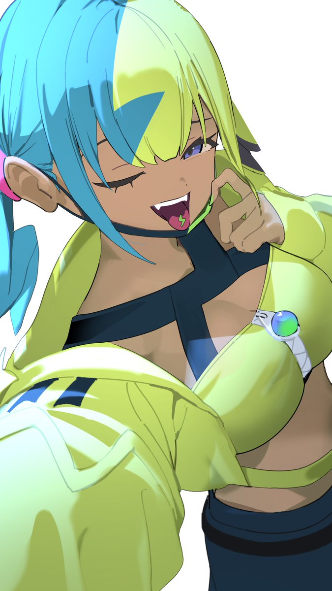 38 (sanjuuhachi), canari (pokemon), nintendo, pokemon, pokemon legends: z-a, commentary, highres, 1girl, :d, bandeau, black hair, blonde hair, blue eyes, blue hair, breasts, cleavage, dark-skinned female, dark skin, jacket, long sleeves, medium breasts, multicolored hair, open mouth, selfie, smile, solo, tongue, tongue out, twintails, yellow bandeau, yellow jacket