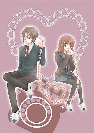 carpaccio yamada, asahina mikuru, koizumi itsuki, suzumiya haruhi no yuuutsu, bad id, bad pixiv id, 00s, 1boy, 1girl, brown eyes, brown hair, cardigan, closed eyes, couple, crossed legs, figure four sitting, hetero, long hair, pantyhose, phone, school uniform, serafuku, short hair, sitting, string phone