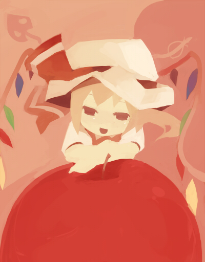 fuukadia (narcolepsy), govurin (pixiv), flandre scarlet, embodiment of scarlet devil, touhou, bad id, bad pixiv id, 1girl, apple, blonde hair, brown hair, female focus, food, fruit, red eyes, short hair, solo, wings