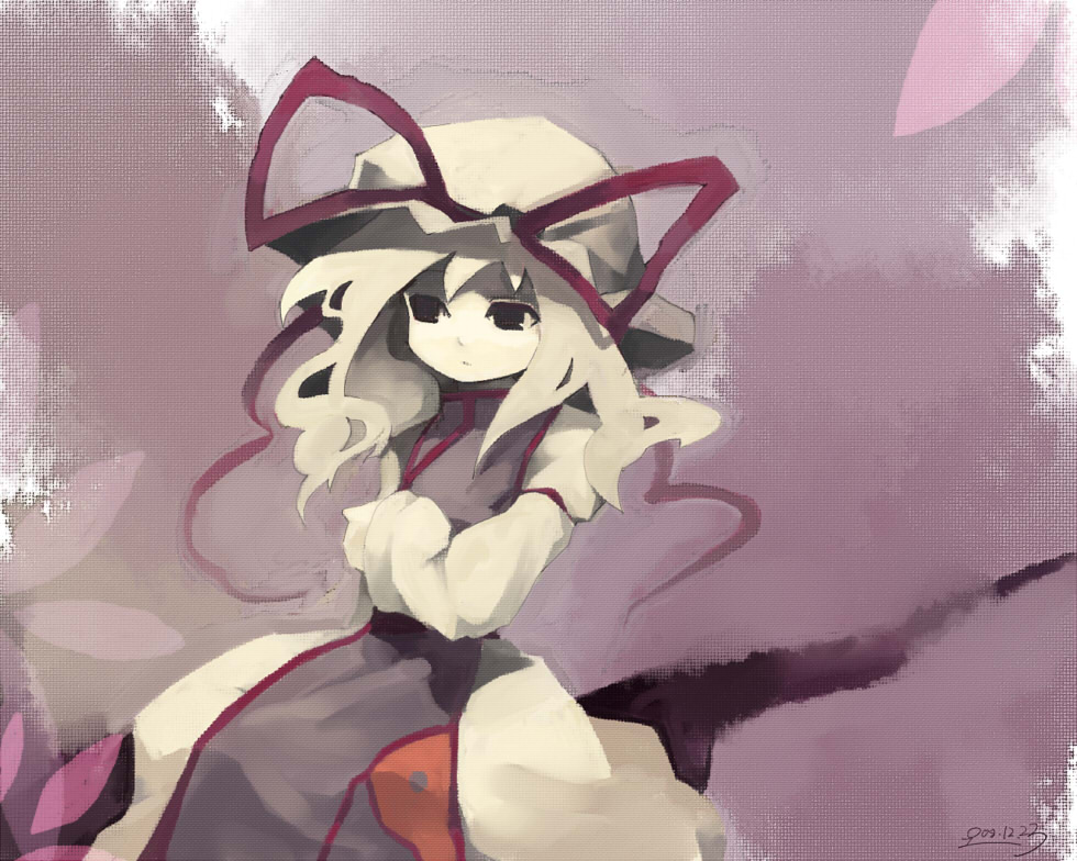 fuukadia (narcolepsy), govurin (pixiv), yakumo yukari, touhou, bad id, bad pixiv id, 1girl, blonde hair, female focus, hat, long hair, ribbon, solo