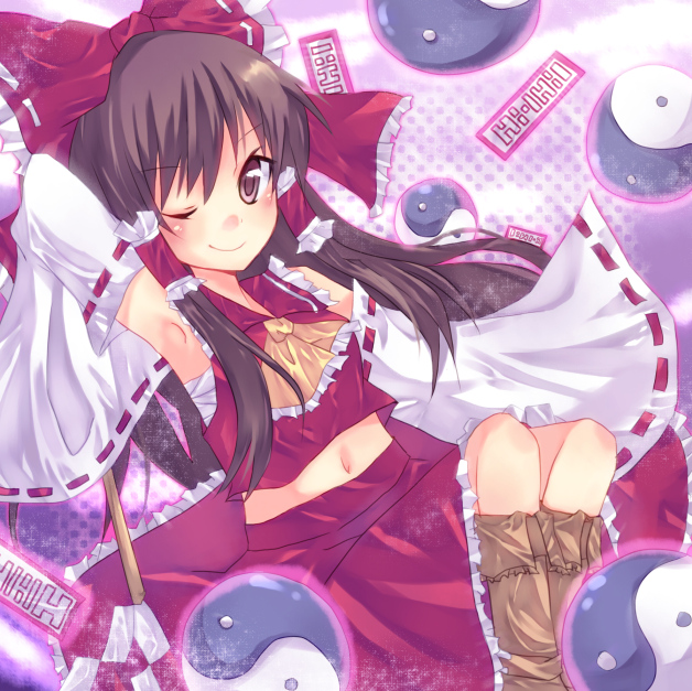 nonaka, hakurei reimu, touhou, bad id, bad pixiv id, 1girl, armpits, boots, brown hair, detached sleeves, female focus, gohei, hair ribbon, japanese clothes, midriff, miko, navel, ofuda, red eyes, ribbon, sarashi, skirt, solo, wink, yin yang