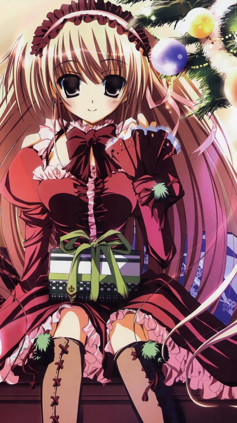artist request, source request, 1girl, blonde hair, boots, christmas, dress, female focus, frills, gift, gothic lolita, hairband, knee boots, lolita fashion, long hair, ribbon, smile, solo